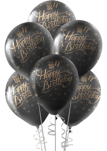 10 Adet Happy Birthday Temalı Siyah Metalik Balon - Çepeçevre Baskılı Balonlar Doğum Günü Kutlamaları Için