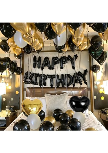 Siyah ve Gold Happy Birthday Folyo Balon Setli Kalp Detaylı Doğum Günü Özel Gün Parti Kutlama Seti