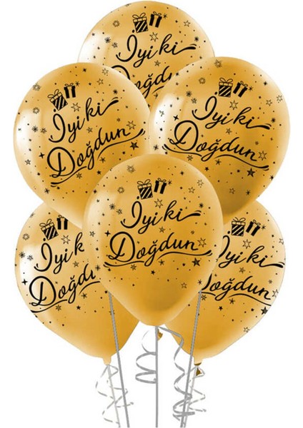 10 Adet Gold Iyi Ki Doğdun Temalı Metalik Balon - Çepeçevre Baskılı Balonlar, Doğum Günü Kutlamaları Için