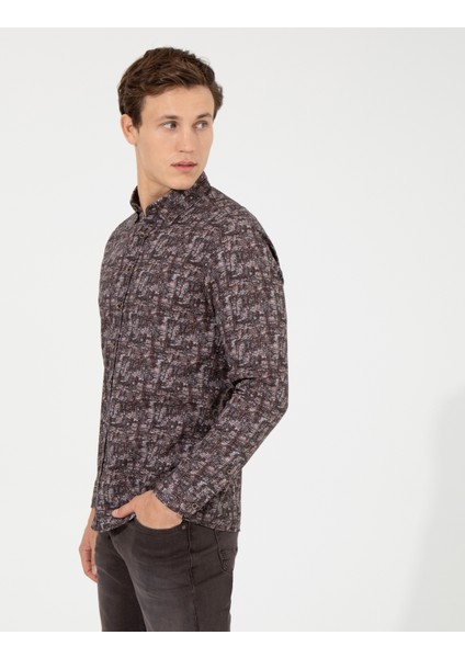 Erkek Kahverengi Slim Fit Uzun Kollu Gömlek 50259524-VR029