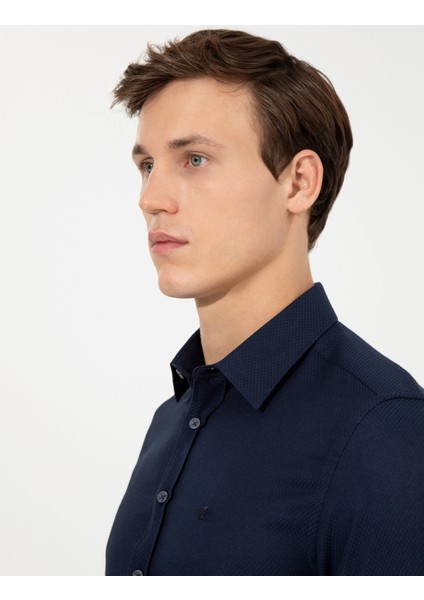 Erkek Lacivert Slim Fit Armürlü Uzun Kollu Gömlek 50260297-VR033 fiyatları