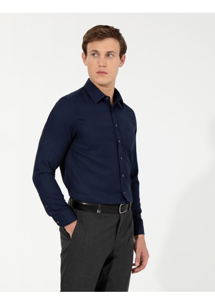Erkek Lacivert Slim Fit Armürlü Uzun Kollu Gömlek 50260297-VR033 modelleri