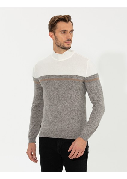 Erkek Vizon Melanj Slim Fit Balıkçı Yaka Triko Kazak 50259104-VR174