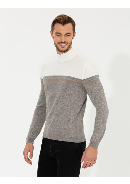 Erkek Vizon Melanj Slim Fit Balıkçı Yaka Triko Kazak 50259104-VR174