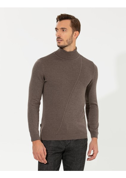 Erkek Vizon Melanj Slim Fit Balıkçı Yaka Triko Kazak 50259784-VR174
