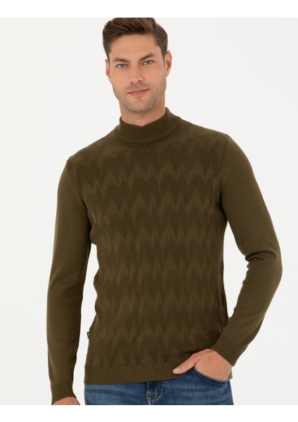 Erkek Haki Slim Fit Yarım Balıkçı Yaka Triko Kazak 50278099-VR027