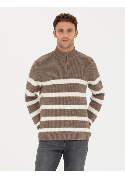 Erkek Vizon Melanj Slim Fit Fermuarlı Dik Yaka Triko Kazak 50278101-VR174