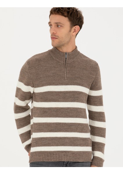 Erkek Vizon Melanj Slim Fit Fermuarlı Dik Yaka Triko Kazak 50278101-VR174 modelleri