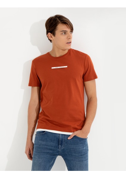 Erkek Kahverengi Slim Fit Bisiklet Yaka Tişört 50258441-VR182