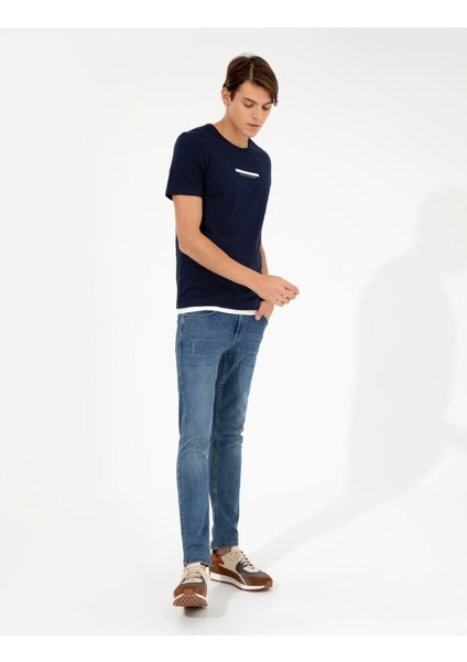 Erkek Lacivert Slim Fit Bisiklet Yaka Tişört 50258441-VR033