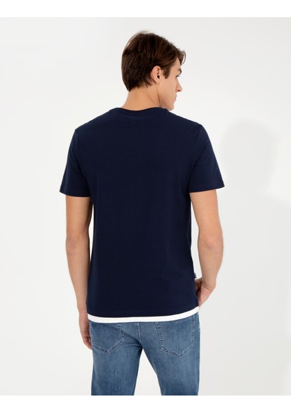 Erkek Lacivert Slim Fit Bisiklet Yaka Tişört 50258441-VR033