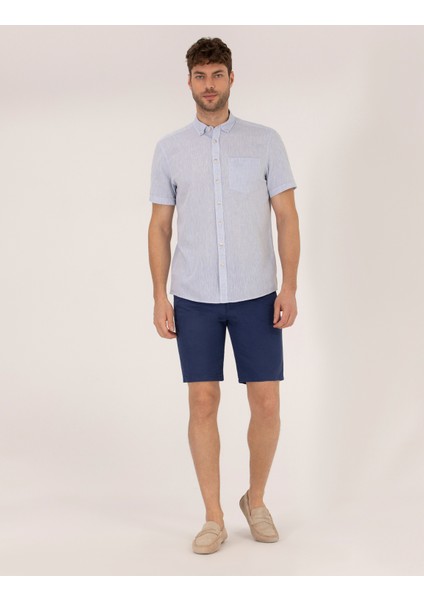 Erkek İndigo Slim Fit Keten Karışımlı Beli Lastikli Bermuda Şort 50264863-VR028 modelleri