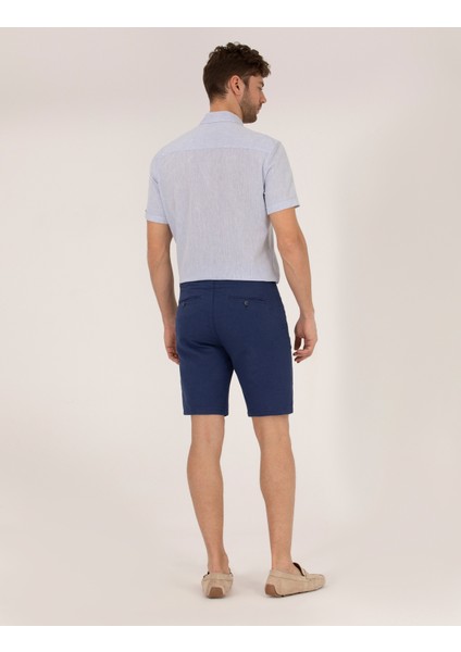 Erkek İndigo Slim Fit Keten Karışımlı Beli Lastikli Bermuda Şort 50264863-VR028 fırsatları