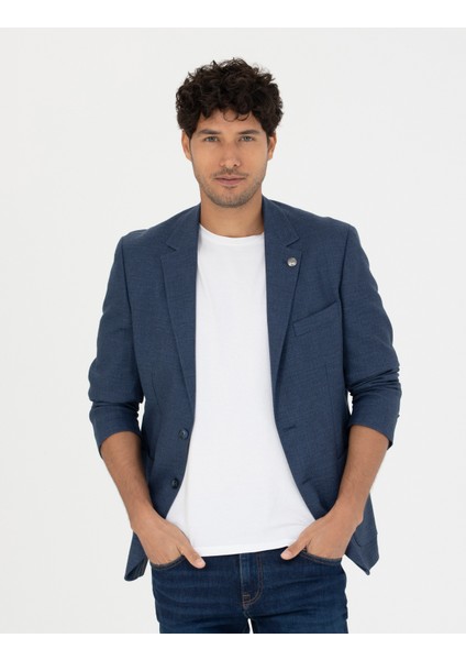 Erkek Açık Lacivert Slim Fit Keten Karışımlı Blazer Ceket 50277318-VR059