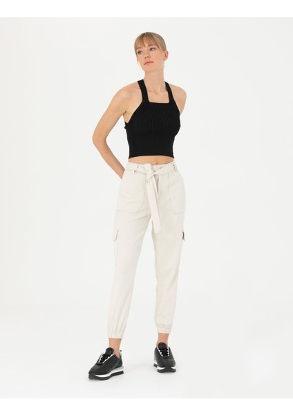 Kadın Krem Keten Karışımlı Jogger Fit Kanvas Pantolon 50263722-VR071