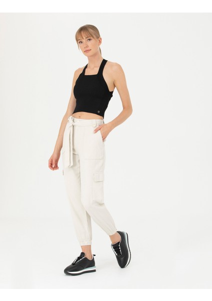 Kadın Krem Keten Karışımlı Jogger Fit Kanvas Pantolon 50263722-VR071