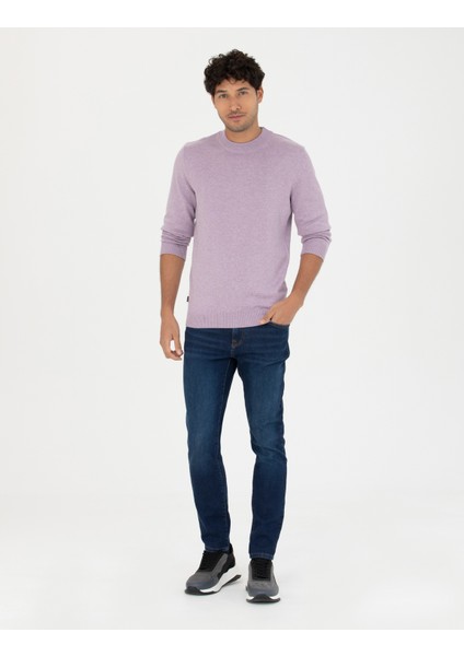 Erkek Koyu Lila Slim Fit Çeyrek Yaka Basic Triko Kazak 50276158-VR215 fırsatları