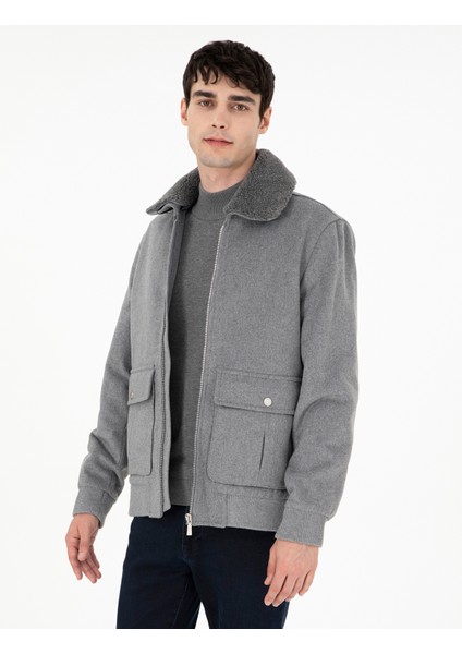Erkek Gri Yün Karışımlı Regular Fit Kaşe Mont 50293328-VR024