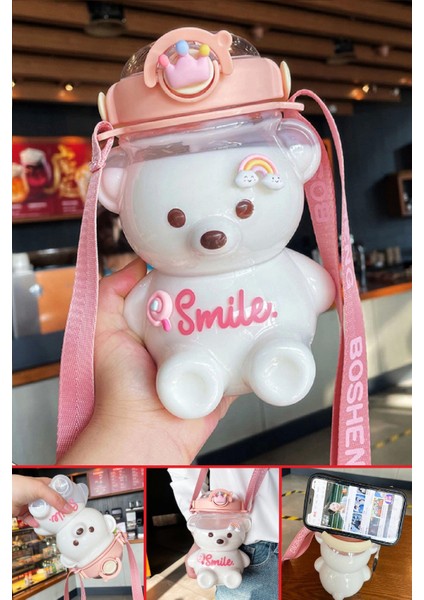 Şeffaf Smile Pink Ayıcık Su Matarası 1000ML Askılı Çocuk Su Şişesi Pipetli Sızdırmaz Kokusuz Suluk