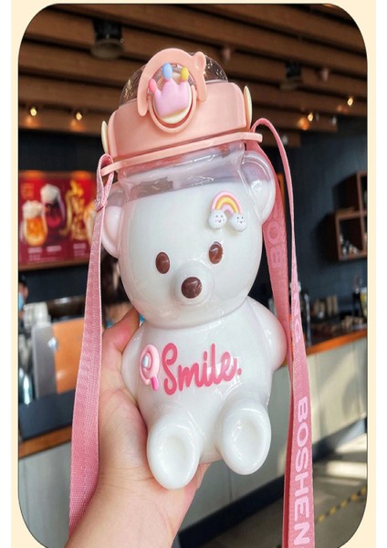 Şeffaf Smile Pink Ayıcık Su Matarası 1000ML Askılı Çocuk Su Şişesi Pipetli Sızdırmaz Kokusuz Suluk fiyatları
