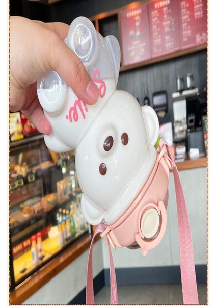 Şeffaf Smile Pink Ayıcık Su Matarası 1000ML Askılı Çocuk Su Şişesi Pipetli Sızdırmaz Kokusuz Suluk modelleri