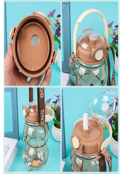 Şeffaf Smile Pink Ayıcık Su Matarası 1000ML Askılı Çocuk Su Şişesi Pipetli Sızdırmaz Kokusuz Suluk fırsatları