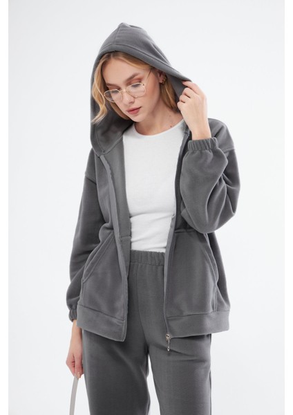 Kadın Kapüşonlu Polar Takım 23586 Füme