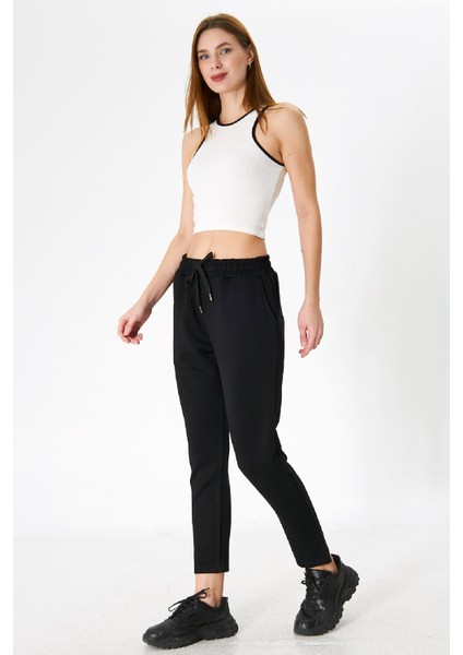 Siyah Kadın Yırtmaçlı Boru Paça Cepli Beli Lastikli Modal Scuba Spor Eşofman Altı EDY0012S