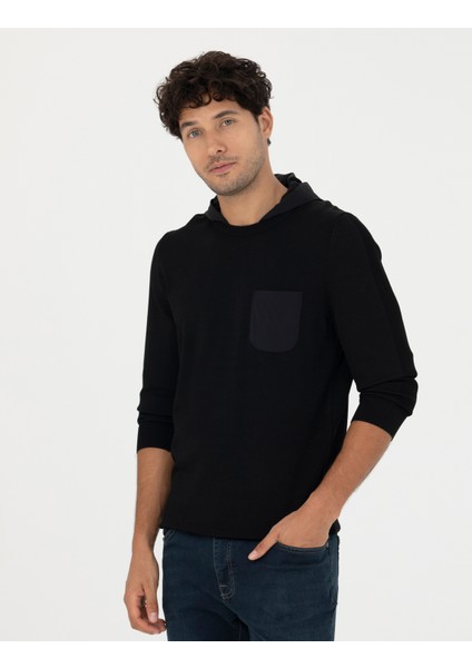 Erkek Siyah Slim Fit Kapüşonlu Triko Kazak 50259852-VR046