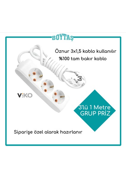 3'Lü 1 Metre Grup Priz-Beyaz(Öznur 3*1,5 Kablo Kullanılır)