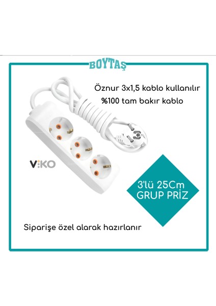 3'lü 25CM Grup Priz-Beyaz(Öznur3*1,5 Kablo Kullanılır)