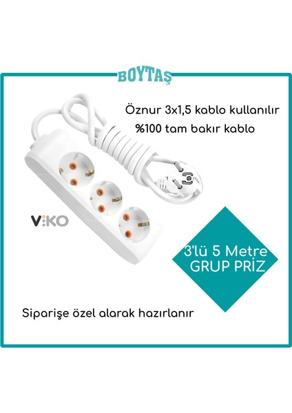 3'Lü 5 Metre Topraklı Grup Priz-Beyaz