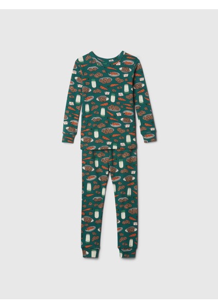 Bebek Koyu Yeşil %100 Organik Pamuk Desenli Pijama Takımı