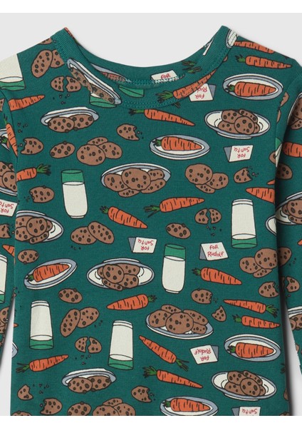 Bebek Koyu Yeşil %100 Organik Pamuk Desenli Pijama Takımı
