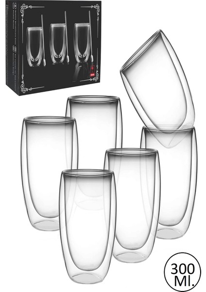 6'lı Çift Cidarlı Bardak 300 ml Ev Ofis Çay Fincanı Kahve Sunum