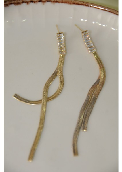 Zirkon Balık Sırtı Taşlı Metal Gold Küpe