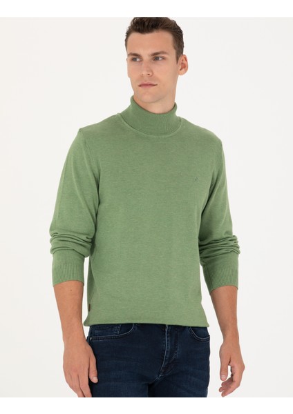 Erkek Koyu Yeşil Melanj Slim Fit Balıkçı Yaka Basic Triko Kazak 50276162-VR127