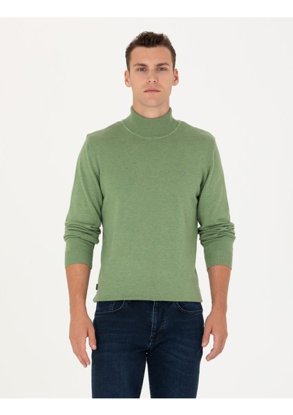 Erkek Koyu Yeşil Melanj Slim Fit Balıkçı Yaka Basic Triko Kazak 50276162-VR127