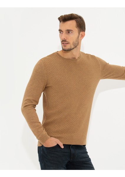 Erkek Camel Melanj Slim Fit Bisiklet Yaka Triko Kazak 50265443-VR122