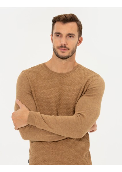 Erkek Camel Melanj Slim Fit Bisiklet Yaka Triko Kazak 50265443-VR122 fiyatları