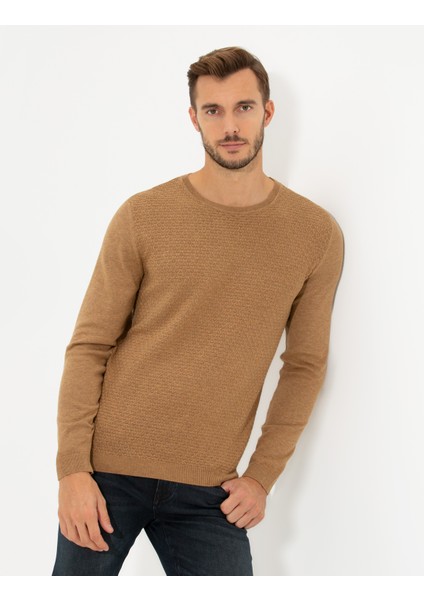 Erkek Camel Melanj Slim Fit Bisiklet Yaka Triko Kazak 50265443-VR122 modelleri