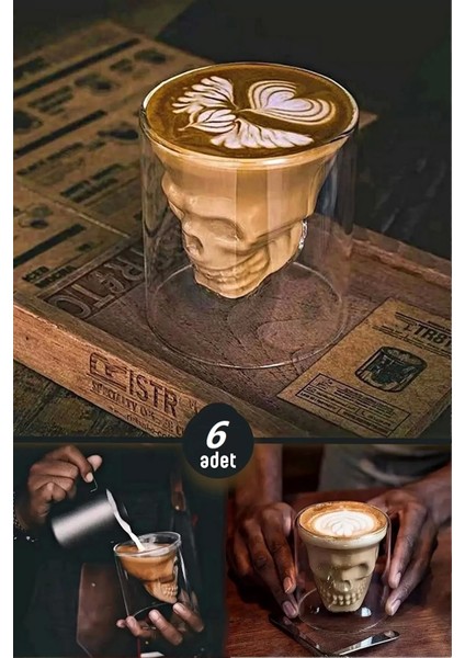 6'lı Kuru Kafa Tasarımlı Bardak Kahve Espresso Kokteyl Bardağı Kristal Skull Çift Cidarlı Cam Kupa