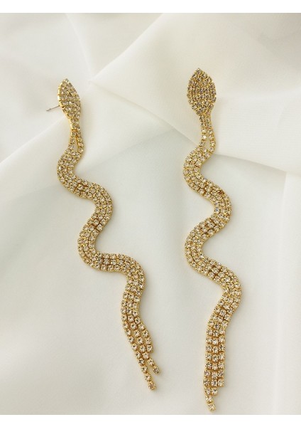 Zirkon Taşlı Yılan Metal Gold Küpe