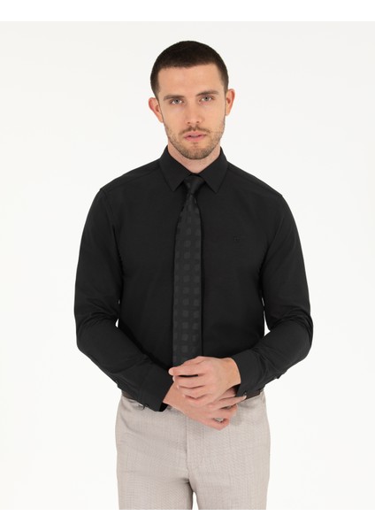 Erkek Siyah Slim Fit Uzun Kollu Klasik Gömlek 50268203-VR046