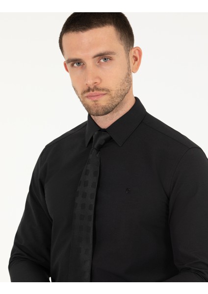 Erkek Siyah Slim Fit Uzun Kollu Klasik Gömlek 50268203-VR046