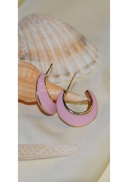 Mineli Yarım Halka Metal Gold Pembe Küpe