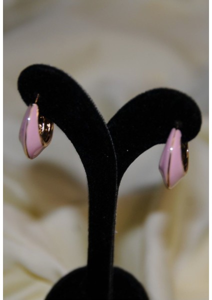 Mineli Yarım Halka Metal Gold Pembe Küpe