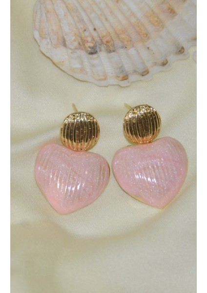 Kalp Midye Gold Metal Pembe Küpe