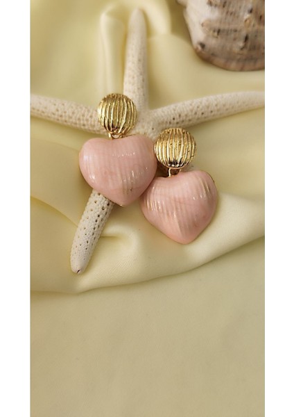 Kalp Midye Gold Metal Pembe Küpe