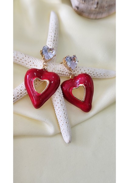 Taşlı Mineli Zirkon Kalpli Kırmızı Küpe